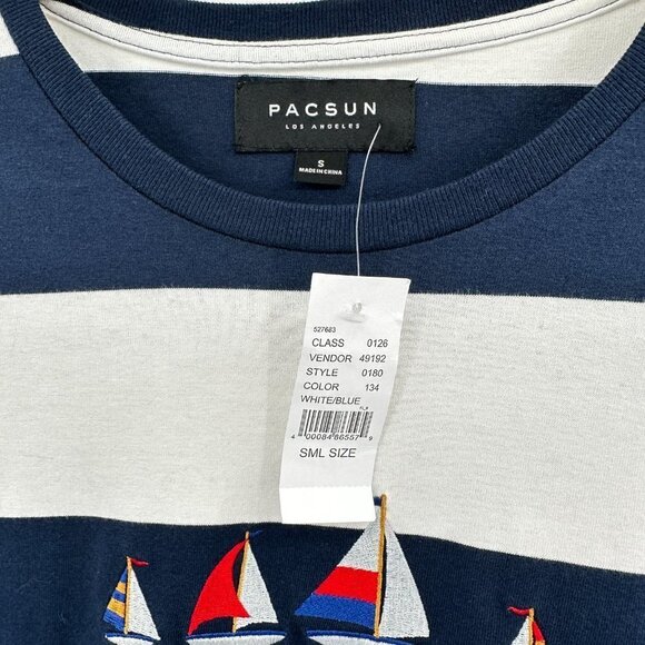 PacSun Navy Striped Nautical Long Sleeve Cotton Hamptons Embroidered Small Top - Picture 2 of 6